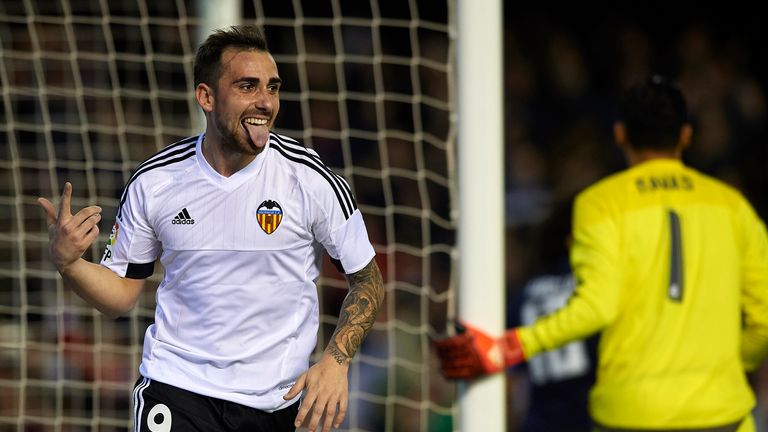 Paco Alcacer of Valencia celebrates scoring against Real Madrid
