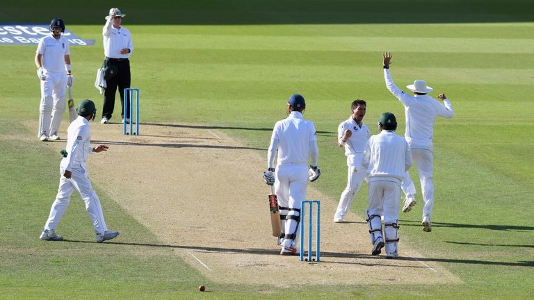 Yasir Shah of Pakistan celebrates dismissing Alex Hales of England during day three of the 4th Investec Test