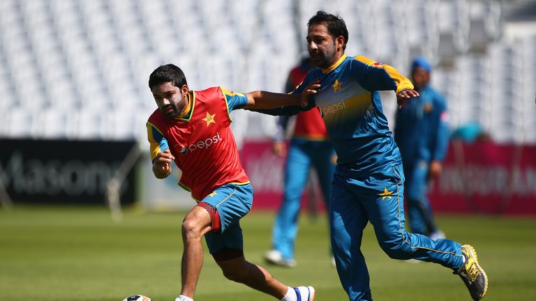 LONDON, ENGLAND - AUGUST 09: Pakistan's Mohammad Rizwan (L) plays football during the England and Pakistan nets session at The Kia Oval on August 9, 2016 i