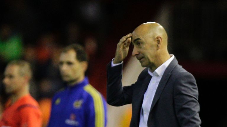 Valencia's coach Pako Ayestaran gestures on the sideline during the Spanish league football match Valencia CF vs Villarreal CF at the Mestalla stadium in V