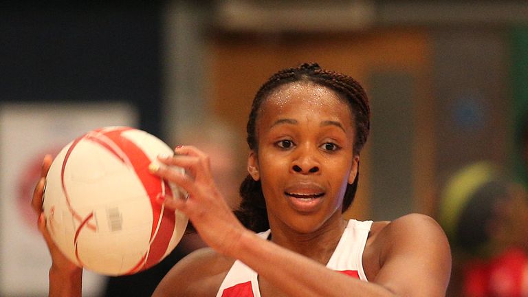 LONDON, ENGLAND - JANUARY 18: Pamela Cookey of England attacks during the ZEO International Netball Tri Series match between England and Jamaica at Wembley