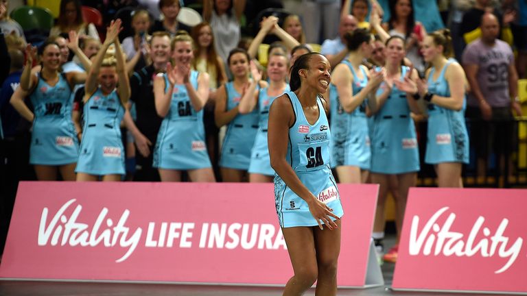 Surrey Storm's Pamela Cookey receives the applause from her teammates