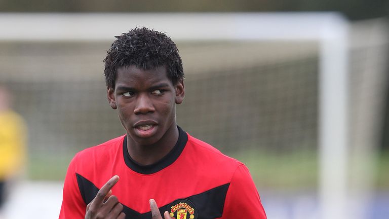 Paul Pogba, pictured here in action during an under-18 match against Manchester City, made just three senior appearances for Manchester United
