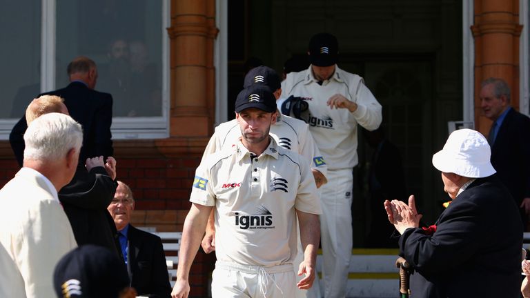 LONDON, ENGLAND - APRIL 22:  Phillip Hughes of Middlesex and Australia walks out of the pavillion to make his County debut during day one of the LV County 