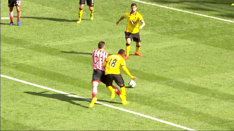 Pierre-Emile Hojbjerg is brought down by Juan Camilo Zuniga inside the area