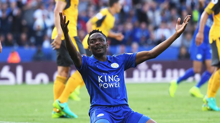 Ahmed Musa of Leicester City appeals for a penalty