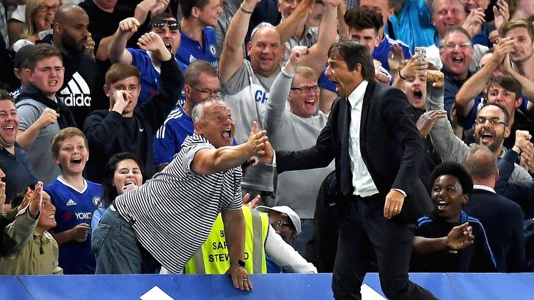 Antonio Conte celebrates with Chelsea fans