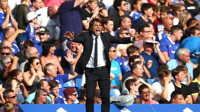 Antonio Conte reacts on the touchline at Stamford Bridge