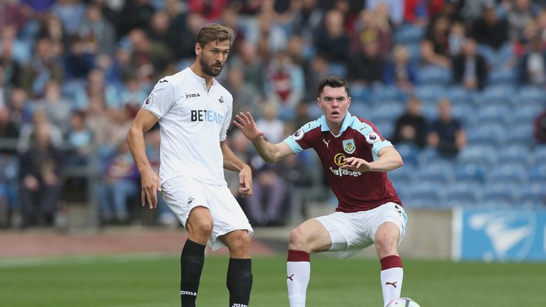 Fernando Llorente of Swansea City in action while under pressure from Michael Keane of Burnley during the Premier League match