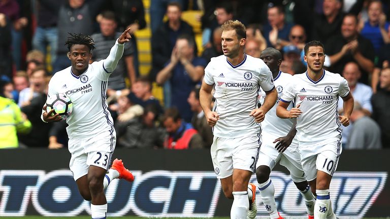 Michy Batshuayi celebrates with his Chelsea team-mates