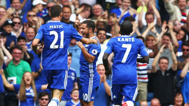 Eden Hazard celebrates with team-mates after scoring Chelsea's opening goal