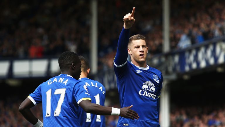 Ross Barkley of Everton celebrates scoring his sides first goal during the Premier League match against Tottenham