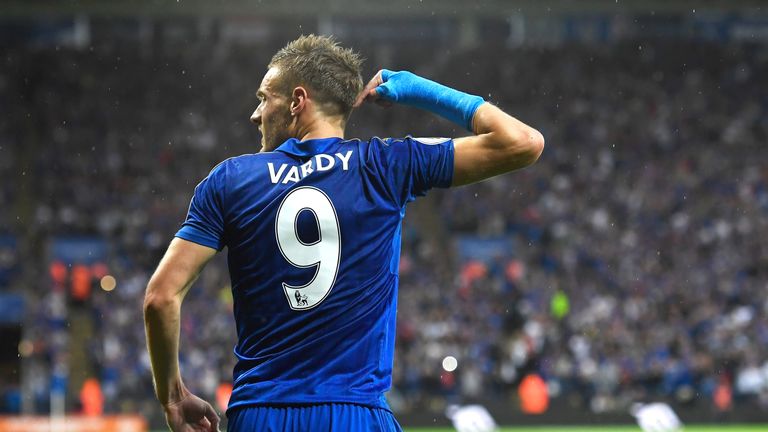 Jamie Vardy celebrates scoring for Leicester