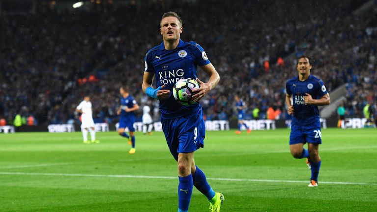 Jamie Vardy of Leicester City celebrates scoring his sides first goal during the Premier League match