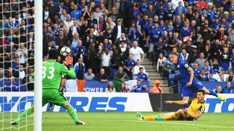 Jamie Vardy takes a shot at goal