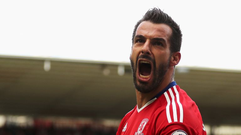 Alvaro Negredo of Middlesbrough celebrates scoring his sides first goal during the Premier League match between Middles