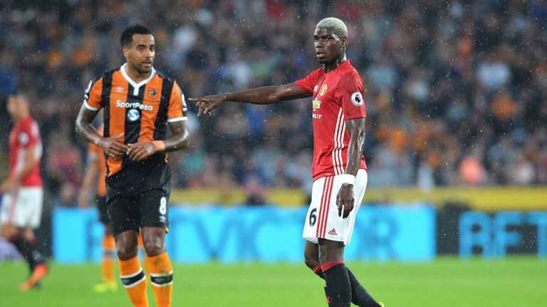 Paul Pogba (R) during the Premier League match between Hull City and Manchester United at the KCOM Stadium