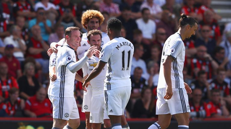 Wayne Rooney celebrates with his Manchester United teammates