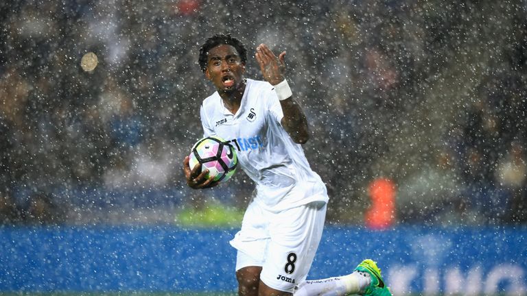 Leroy Fer of Swansea City celebrates scoring his sides first goal during the Premier League match at Leicester City