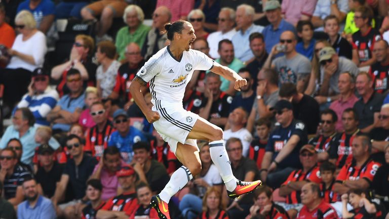 Zlatan Ibrahimovic celebrates scoring Manchester United's third goal