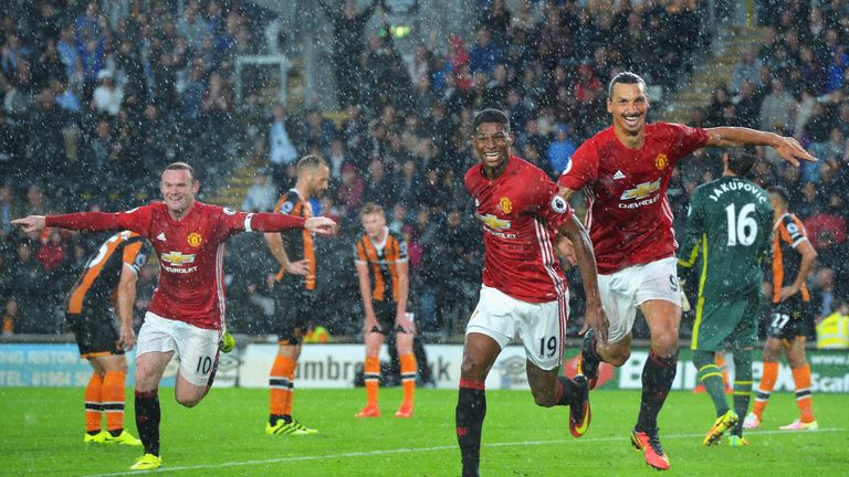 Marcus Rashford celebrates scoring Manchester United's winning goal 