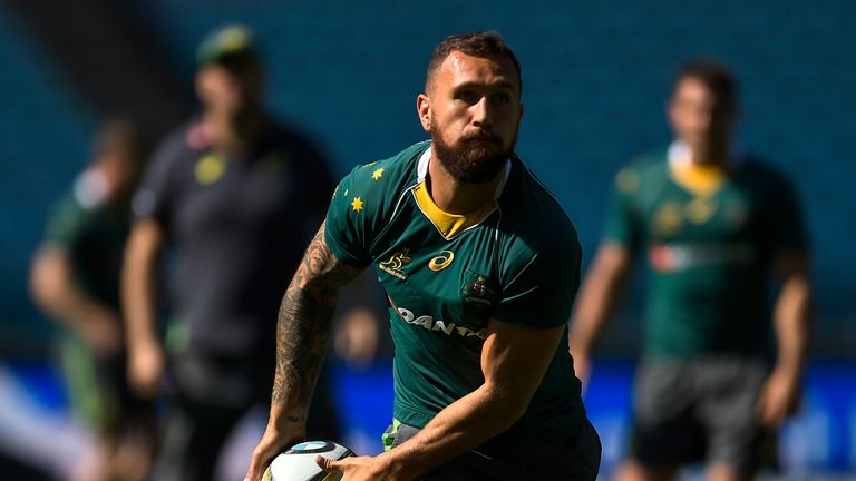 SYDNEY, AUSTRALIA - AUGUST 19: Quade Cooper looks to pass the ball during an Australian Wallabies captain's run at ANZ Stadium on August 19, 2016 in Sydney