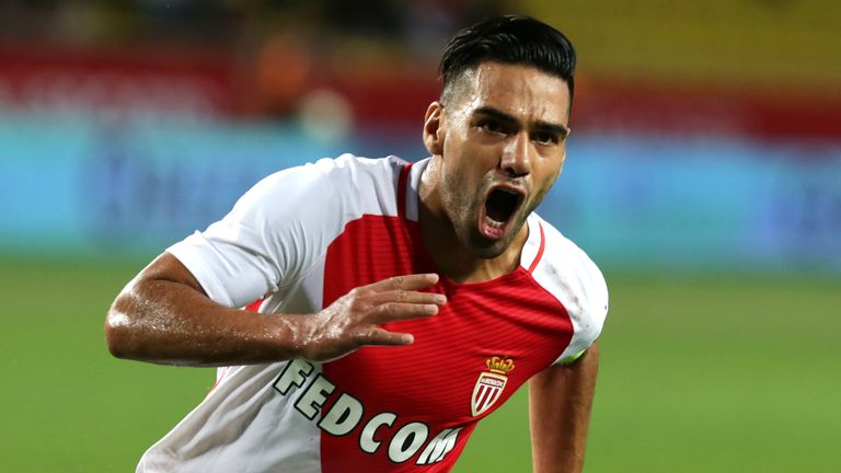 Monaco's Colombian forward Radamel Falcao celebrates after scoring during the Champions League Third qualifying round football match between Monaco and Fen