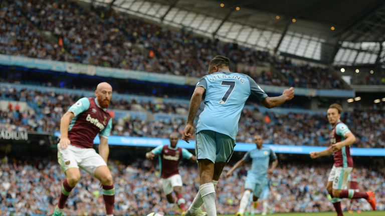 Manchester City's English midfielder Raheem Sterling scores his second goal during the English Premier League football match between Manchester City and We