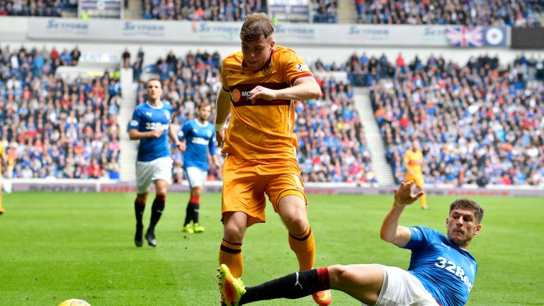 Rangers' Rob Kiernan (grounded) with a challenge on Motherwell's Chris Cadden