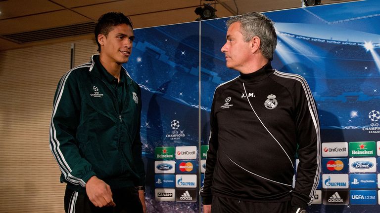 MADRID, SPAIN - APRIL 02:  Head coach Jose Mourinho (R) and Real madrid player Raphael varane prior to start a press conference ahead of the UEFA Champions
