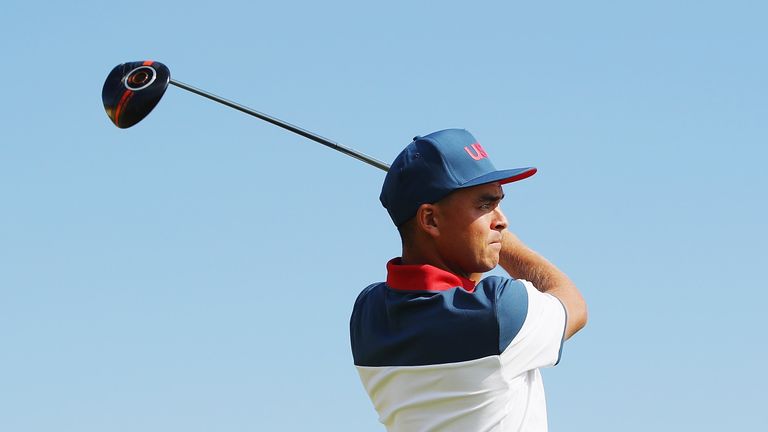 RIO DE JANEIRO, BRAZIL - AUGUST 13:  Rickie Fowler of the United States hits his tee shot on the ninth hole during the third round of the golf on Day 8 of 