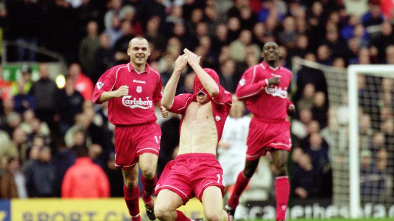 4 Nov 2001:  Joy for Liverpool goalscorer John Arne Riise during the FA Barclaycard Premiership match between Liverpool and Manchester United played at Anf