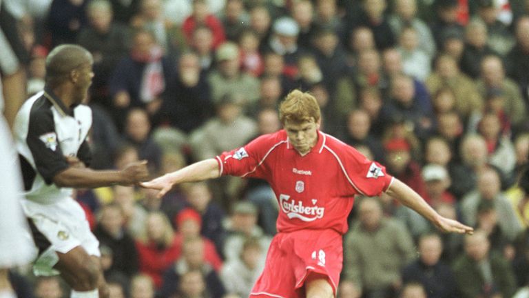 04 Nov 2001:  John Arne Riise of Liverpool scores from a free kick during the FA Barclaycard Premiership game between Liverpool and Manchester United at An
