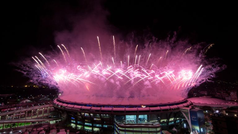 RIO DE JANEIRO, BRAZIL - AUGUST 05:  Fireworks explode over the Maracana Stadium during the opening ceremony of the Rio 2016 Olympic Games on August 5, 201