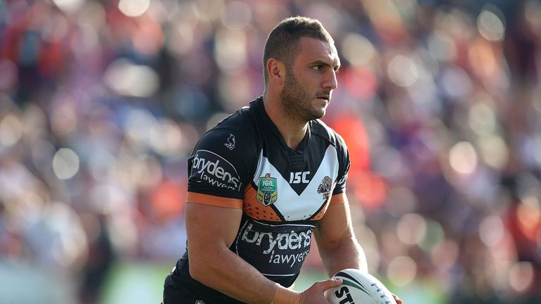 NEWCASTLE, AUSTRALIA - APRIL 10:  Robbie Farah of the Tigers warms up before the game during the round six NRL match between the Newcastle Knights and the 