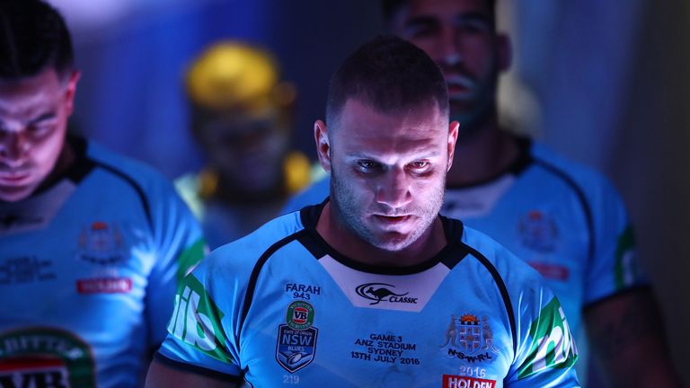 Robbie Farah of the Blues leads the team onto the field for the second half during game three of the State Of Origin series 2016