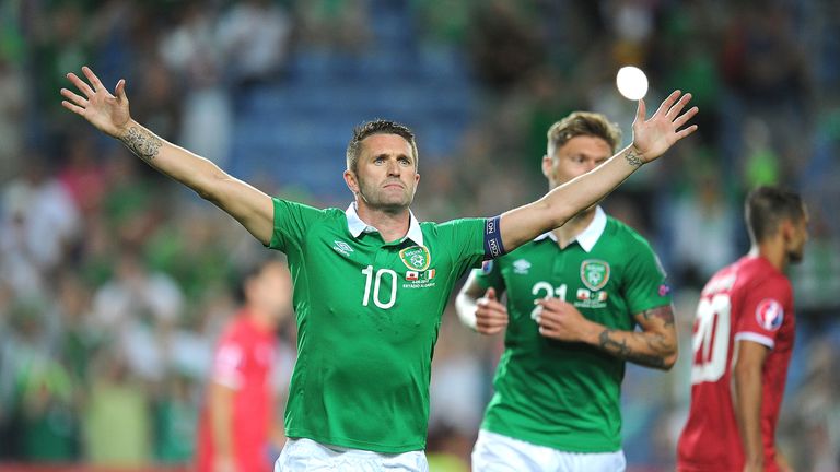 Robbie Keane celebrates after scoring Ireland's 3rd goal during a UEFA EURO 2016 Qualifier