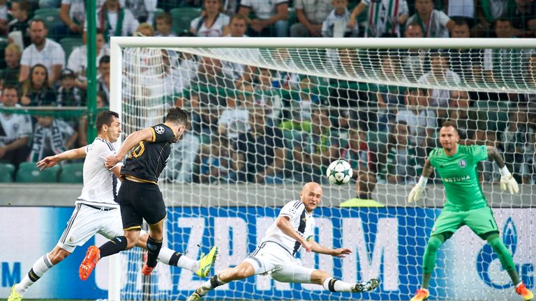 Robert Benson scores for Dundalk against Legia Warsaw  in the Champions League qualification play-offs