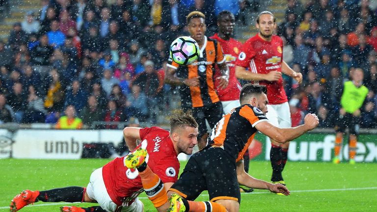 Robert Snodgrass of Hull City and Luke Shaw of Manchester United battle for possession 