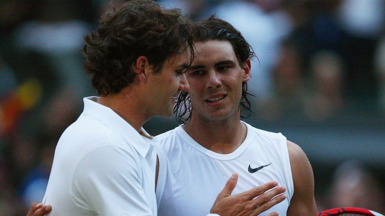 Roger Federer congratulates Rafael Nadal on his Wimbledon 2008 final win