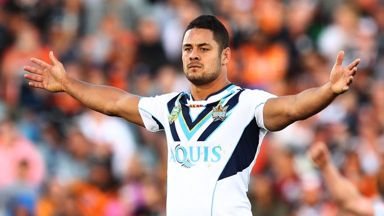 Jarryd Hayne celebrates after kicking the match-winning drop goal against Wests Tigers