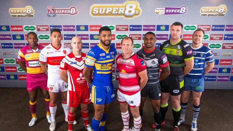 Jermaine McGillvary, Ken Sio, Michael Dobson, Kallum Watkins, Micky Higham, Wes Naiqama, Keegan Hirst and Tim Spears at the launch of Super 8s Qualifiers