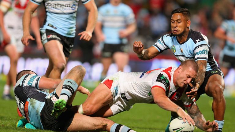 Tariq Sims scores a try against Cronulla