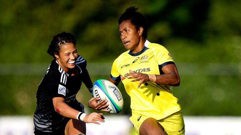 AMSTERDAM, NETHERLANDS - MAY 17: Ellia Green of Australia makes a break during the IRB Women's Sevens World Series match between Australia and Brazil on Ma
