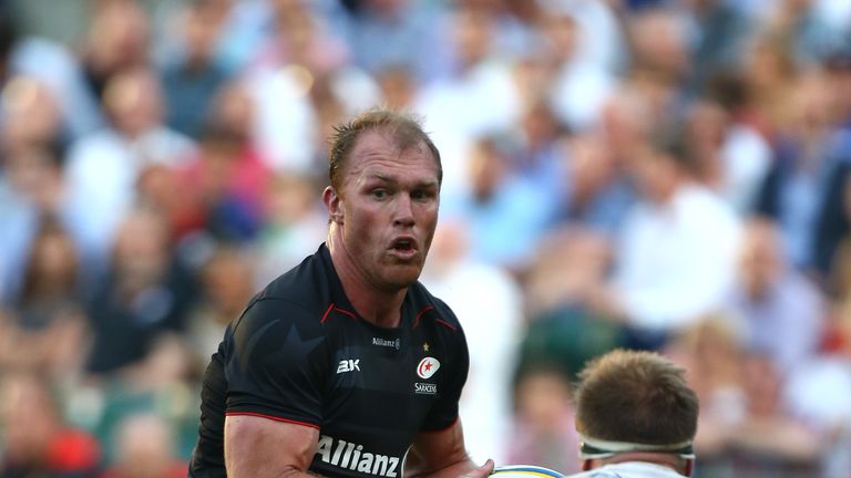 LONDON, ENGLAND - AUGUST 25: Schalk Burger of Saracens in action on his debut during the pre season friendly match between Saracens and London Scottish FC 