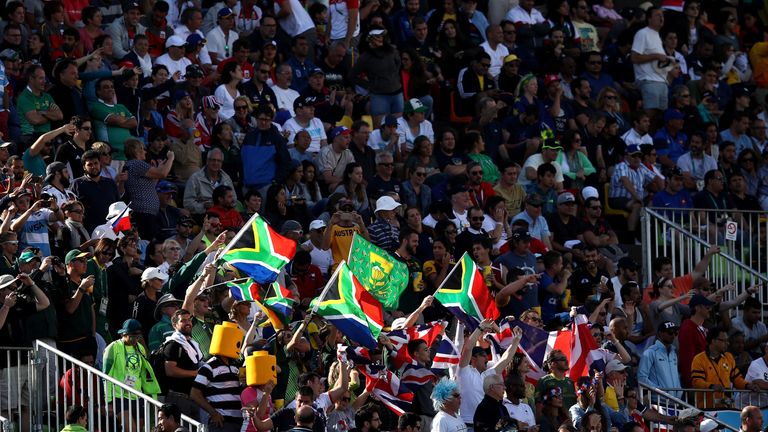 RIO DE JANEIRO, BRAZIL - AUGUST 11:  South Africa fans show their support during the Men's Rugby Sevens semi final match between Great Britain and South Af