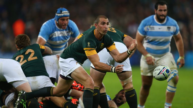 Ruan Pienaar of South Africa feeds the ball from the scrum during the 2015 Rugby World Cup 