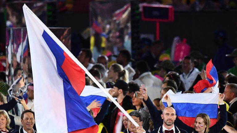 Russia's delegation enter the opening ceremony at Rio 2016 Olympics