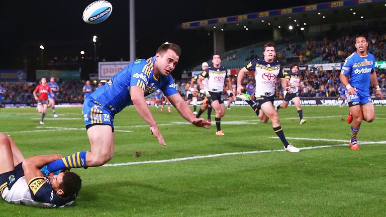 Ryan Morgan is challenged while playing for Parramatta Eels 