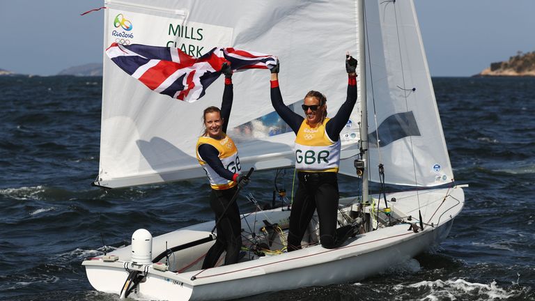 Hannah Mills (left) and Saskia Clark celebrate winning gold in the women's 470 class at the Rio Olympics